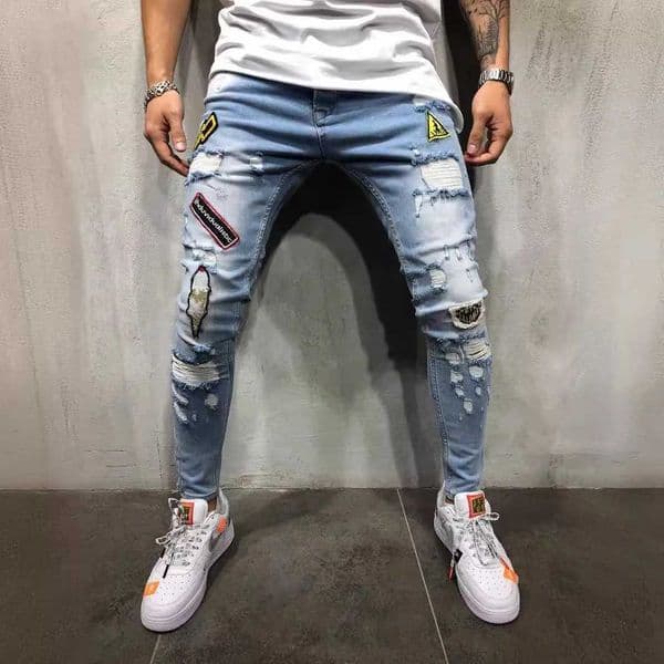 European and American Best-selling Mens Hip Hop High-End Slim-Fit Ripped Slim-Fit Pants New Style Micro-Badge Slim-Fit Jeans Z260429