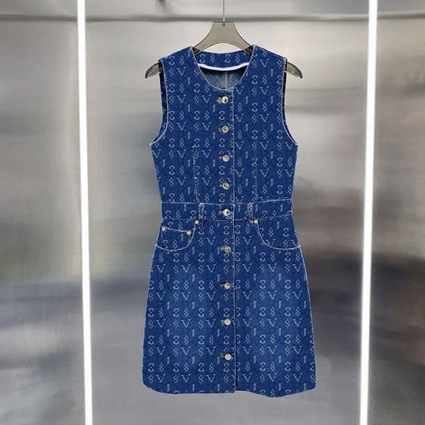 Luxury Jacquard Denim Dress For Women Vintage Button Up Sleeveless Vest Dress Summer Vacation Office Elegant Jean Dresses