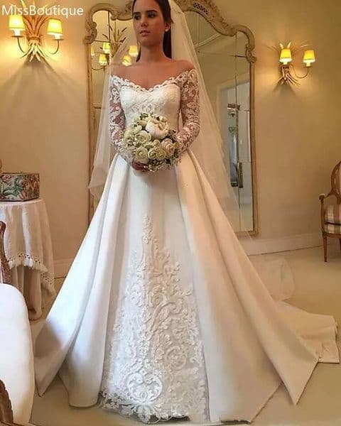 Country V neck Satin Wedding Dresses Bridal Gowns Long Sleeve Lace Appliques A Line Bride Dress Sweep Train Vintage Off Shoulder Vestidos De Novia Arabic 1115