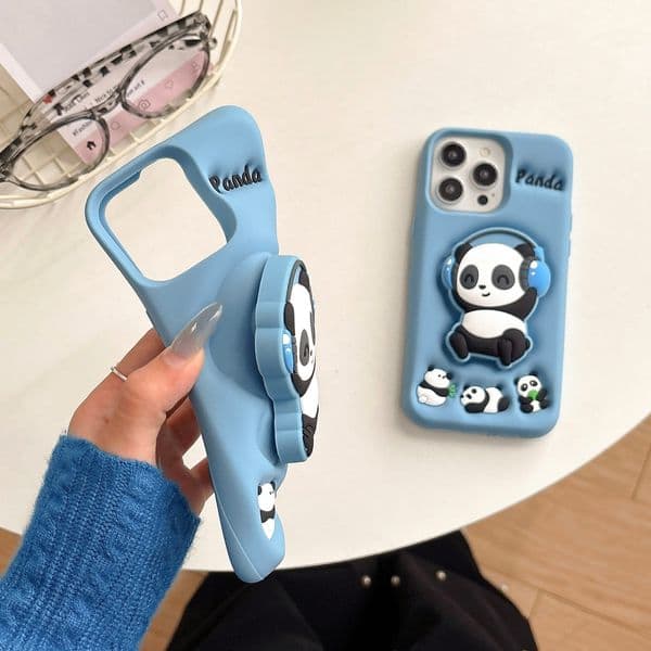 Cute Cartoon Music Panda Soft Silicone Case For iphone 16 15 14 Plus 13 12 11 Pro Max With Stand Holder