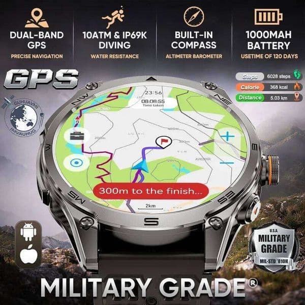2026 New grade GPS Built-in Dual-band AGPS path 10ATM Waterproof Compass 1000mAh 170+Sports Smart Watch men 26H0508