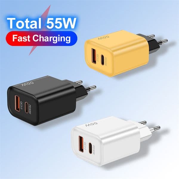 QC3.0 USB C 55W Fast Charger Super Quick Charge Dual Ports Mobile Phone Charging Station Travel Power Wall Adapter For iPhone 17 16 Samsung Huawei Xiaomi Gaming Tablet