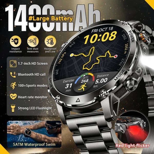 2026 New 1400mAh Battery Outdoor Sports Smart Watch 1.7" AMOLED Two-Color Flashlight 10ATM Voice Call Heart Rate Swim Smartwatch 26H0508