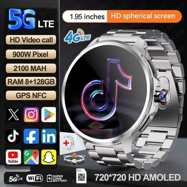 5G/4G Full Network Smart Watch Men 1.95 inch AMOLED Screen 8GB+128GB RAM 900W Camera GPS WIFI Google APPS Android 9.0 Smartwatch 26H0508