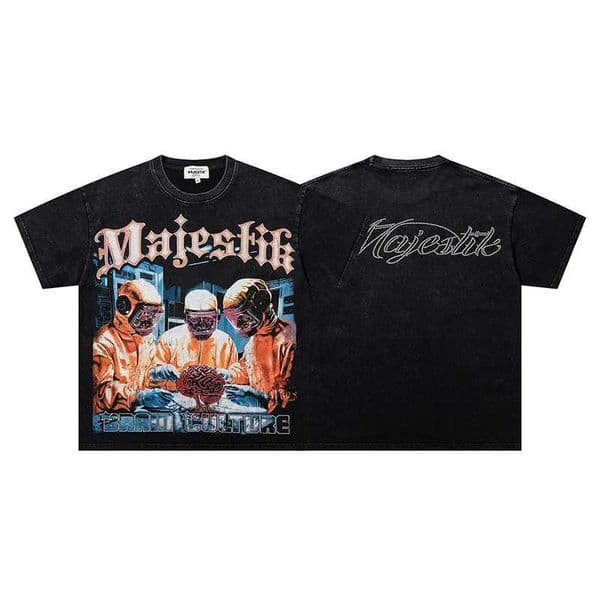 Vintage Black Washed MAJESTIK T-shirt Cotton Men Woman Summer Crewneck Streetwear Rhinestone Short Sve L260509
