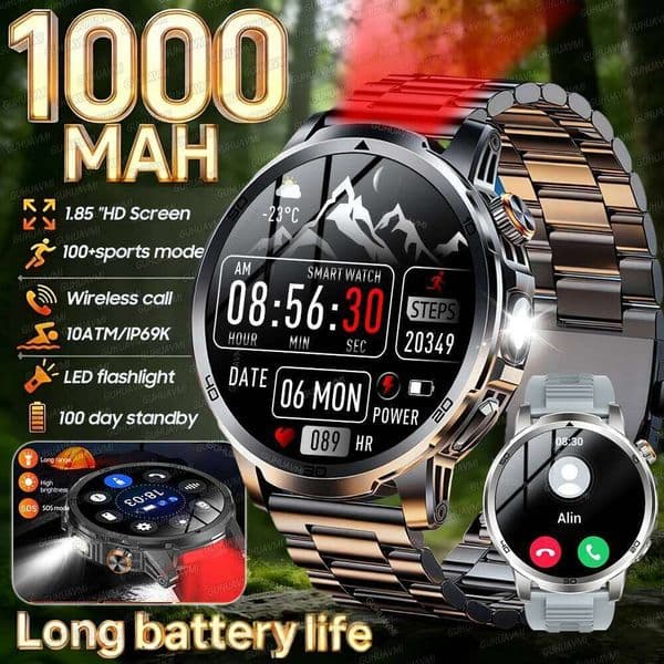 2026 New Outdoor Smart Watch For Men 1.85" AMOLED 1000mAh Battery IP69K Swim Flashlight Heart Rate Wireless Call Watchs 26H0508
