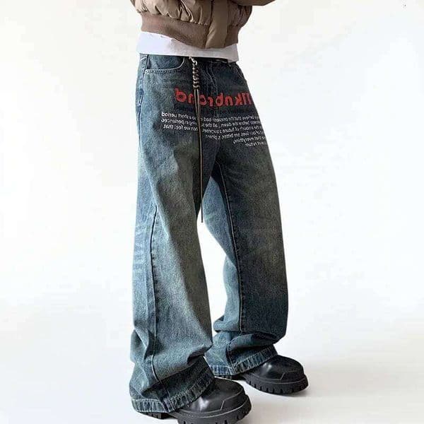 Korean Version Retro Letter Printed Jeans For Men Loose Straight Wide Leg High Street Hip-Hop Design Casual Pants 26Y0509