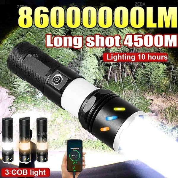 86000000LM High Power LED Flashlight Type-C Rechargeable Waterproof Torch with COB Side Light Portable Zoom Camping Fishing Lamp C260509