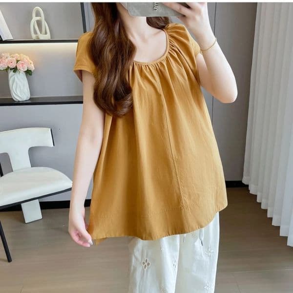 Korean Style Maternity Cotton Shirts Short Sleeve O-neck High Low Irregular Pregnant Woman Blouses Elegant Top 260509