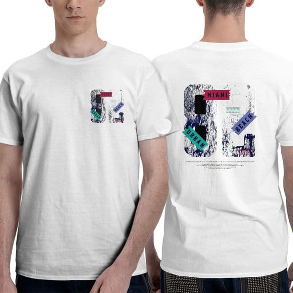 American beach style front and back double print T-shirt vintage distressed contrasting color for men and women with cotton short sleeves