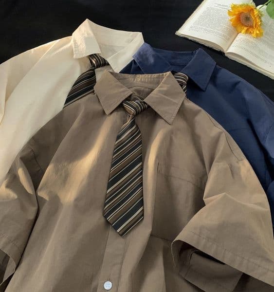 Bestseller Brown Vintage Shirt For Men, Japanese Cityboy Style, Workwear Short-Sleeve Shirt, Oversized Half-Sleeve Dk Uniform Ddmysat