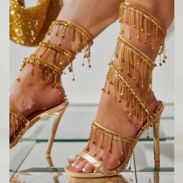 Aneikeh 2026 Fashion Sexy Rhinestone String Bead Ankle Strap High Heels Women Summer Silk Round Toe Open Toe Sandals Party Dress 260508