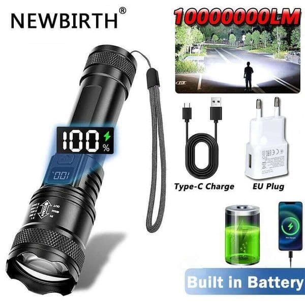 1000LM Powerful LED Flashlight Battery Display USB Rechargeable Light Telescopic Zoom Torch Lamp Outdoor Camping Fishing Lantern S260509