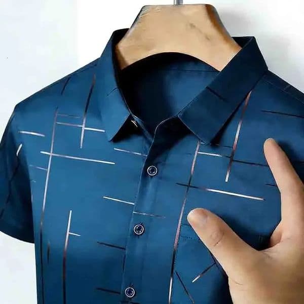 2026 Mens Summer Short Sleeve Shirt Geometric Line Print Business Casual Button-Up with Chest Pocket 260508