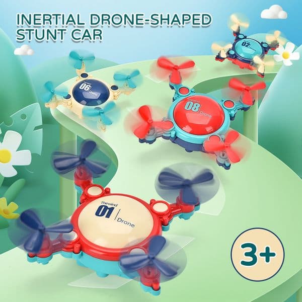 Inertial Drone-Shaped Stunt Car for Kids 3+ Mini Friction-Powered Flying Toy with Colorful Propellers & Durable Design