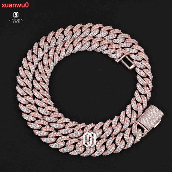 14MM Raised Pointer Cuban Link Chain Brass VVS Diamond Moissanite Rose Gold Plated Iced Out Necklace Hip Hop Jewelry