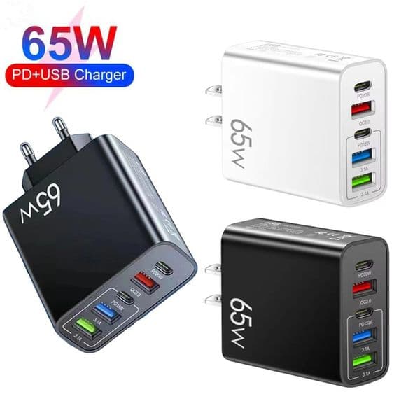 65W USB C Fast Charger Quick Charge 5 Ports USB A Type C PD 20W Cellphone Wall Charging Travel Power Adapter For iPhone 17 16 15 14 13 Samsung S26 S25 S24 Xiaomi Huawei