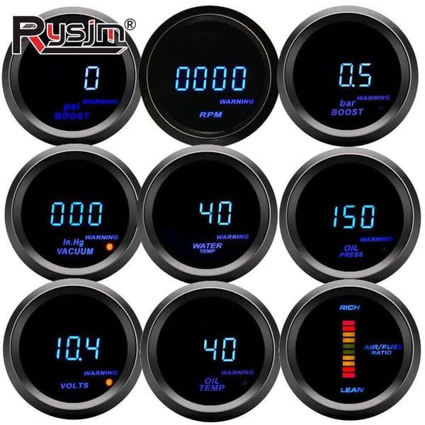 52mm Car Digital Turbo Boost PSI BAR Pressure Oil / Water Temp Gauge Voltmeter Tachometer RPM Meter With Warning Light