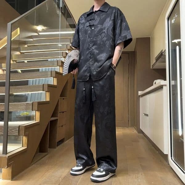 Dragon-patterned Ice Silk Set for Men Summer Thin Chinese Style Outfit Short-sleeved Shirt with Cuffed Pants Complete Set 260509