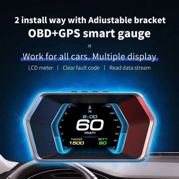 AD P17 OBD2 +GPS HUD Smart Auto Speedometer Tachometer Security Alarm Water Temp Voltage RPM Head-Up Display For All Car