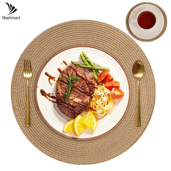 Set of 6 Round Braided Placemats 34CM Table Mats for Dining Tables Christmas Halloween Woven Washable Non-Slip Place mats 260508
