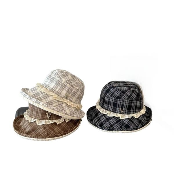 Women Plaid Ruffle Trim Bucket Hat Summer UV Protection Wide Brim Breathable Sunscreen Sun Hat Casual Preppy Style Beach Fisherman Cap thumbnail 2