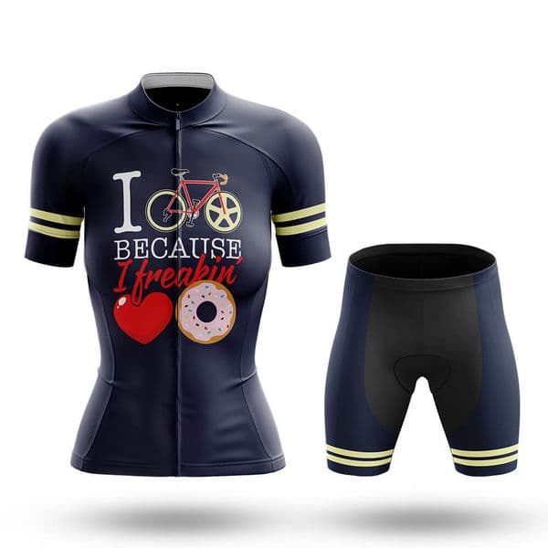 Freaking Love Donut Cycling Jersey Womens Set Breathable Biking Outfit Quick-Dry Bib Bicycle Jersey with 19D Padded Shorts
