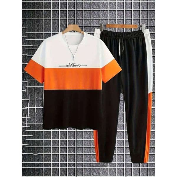 New Men's Summer Personalized Splicing Printed Micro Elastic Breathable Round Neck T-shirt Pants Set Outdoor Fashion Clothing