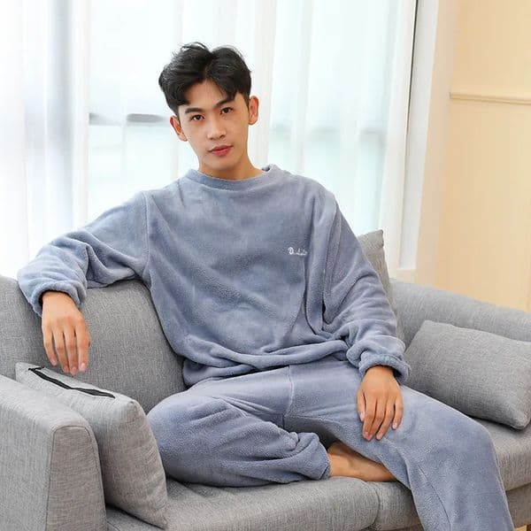 Thickened Warm Men Coral Velvet Pajamas Autumn Winter Homewear Long-Sleeved Long Trousers Solid Soft Sleepwear 2PCS/Set Couple 260509