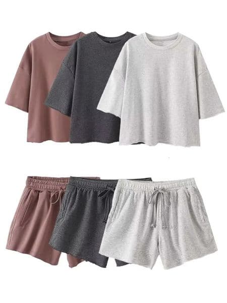 HH Summer Women Vintage Solid Shorts Suit O Neck Short Sleeve T-shirt Drawstring Shorts Loose Casual Woman Sport Sets 260508