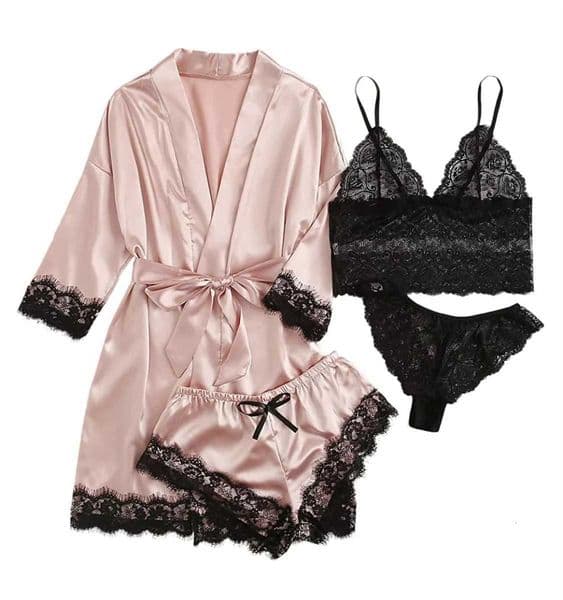 2025New Womens Pajama Fashion 4-piece Set Lace Satin Strap Sexy Pajama Set Dress Skin friendly Comfortable Casual Pajama SkirtJ260511