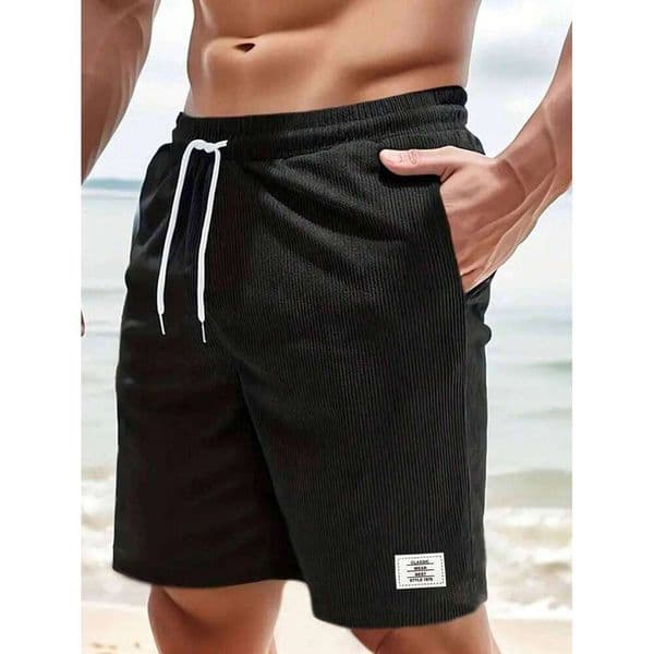 Men's Regular Fit Solid Color Corduroy Drawstring Waist Casual Comfy Beach Shorts for Summer J260511