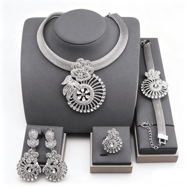 Luxury Full Crystal Floral Statement Jewelry Set 4Pcs Silver Tone Mesh Necklace Bracelet Earrings Ring for Bridal Banquet