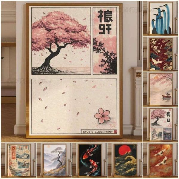 Cherry Blossom Poster, Japanese Sakura Tree Wall Art Print, Vintage Asian Landscape Decor, Pink Floral Japandi Home Artwork 26Y0511