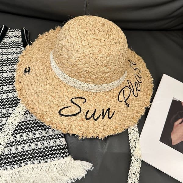 Women's Letter Embroidered Straw Sun Hat Hats Designers Women Wide Brim Fringe Beach Hat with Lace Tie UV Protection Summer Vacation Cap