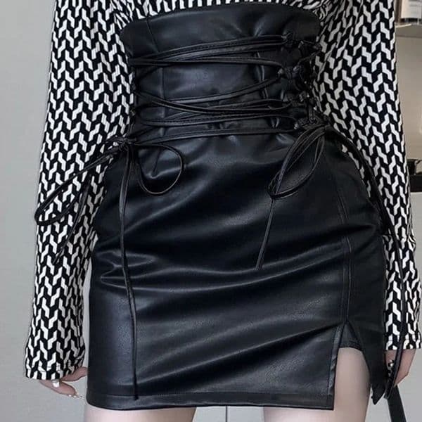 Black Leather Mini Skirts Women Gothic High Waist Slim Fit Lace Up Pencil Skirt Female Sexy Club Back Zipper Split Bag Hip Skirt 260511