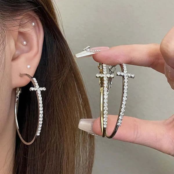 Shiny Crystal Big Circel Cross Hoop Earrings for Women Exquisite Rhinestones Geometric Ear Buckles Earrings Jewelry Accessories 260509