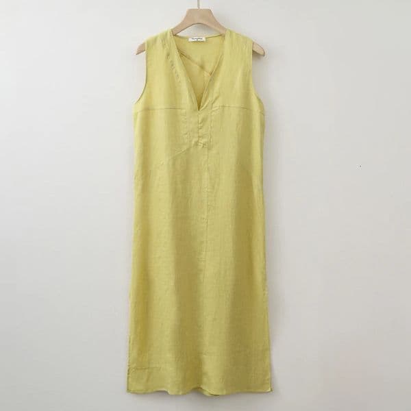 Summer Women Solid Linen V Neck Sleeveless Fashion Dress Split Tank Dress 260509