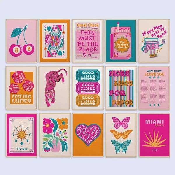 Preppy Wall Art Set Of 15 Pink Orange Teal Teen Girl Room Maximalist Poster and Print Dopamine Decor Quirky Dorm Y2k Pictures 26Y0511