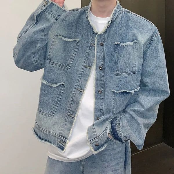 High Street Mens Denim Jackets Casual Washed Streetwear Ripped Stand Collar Texture Korean Harajuku Retro Long Sleeve Coats 260506