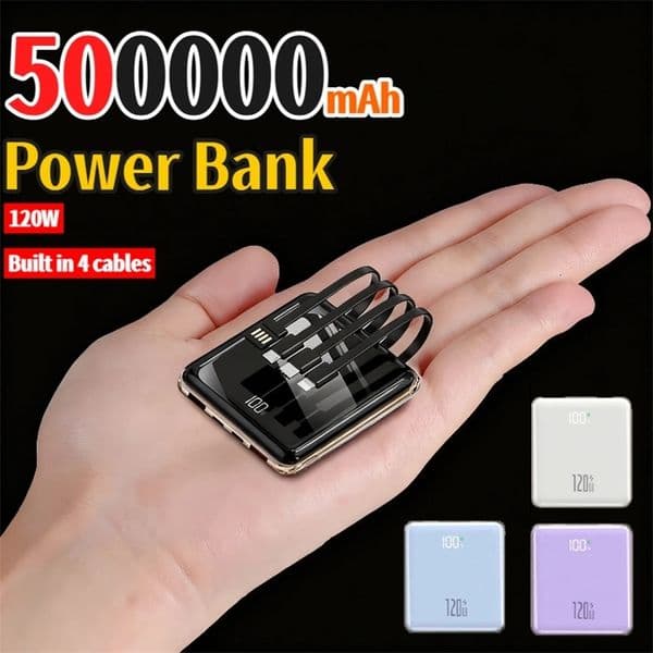 500000mAh Mini Power Bank Built-in 4 Cables Large Capacity Super Fast Charging External Battery for IPhone 260427ww