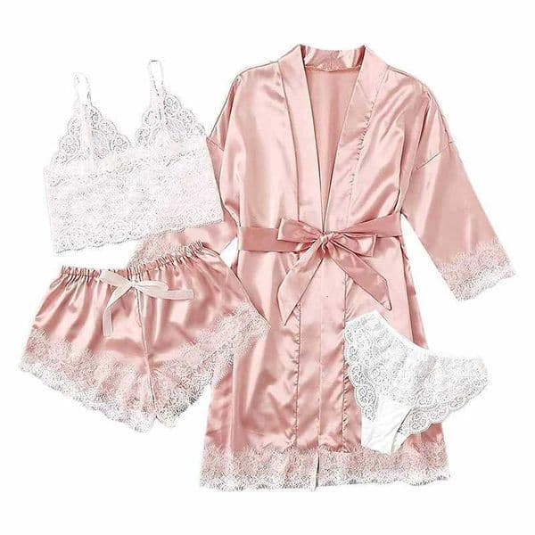 Womens Summer Sexy Pajama Pants Set 4 Pieces Lace Satin With Silk Sleepwear Robe Fashion And Comfortable NightwearJ260511