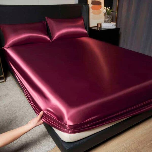 1Pc Satin Fitted Solid Colour Twin Full Queen Ice Silk Mattress Cover Natural With Elastic Band Bed Sheet (No Pillowcase) W260511