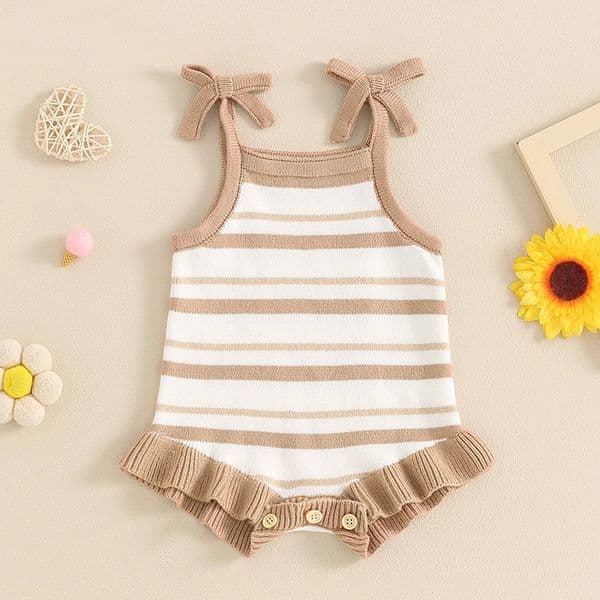 Lioraitiin 0-18M Cute Baby Girls Boys Summer Romper Sleeveless Bow Strap Ruffle Striped Ribbed Jumpsuits Playsuit 260511