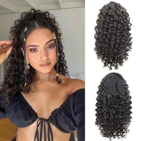Ponytail ExtensionCurly Drawstring Ponytail Extension for Black Women Natural Black Curly Clip in Hair Extensions Synthetic X260511