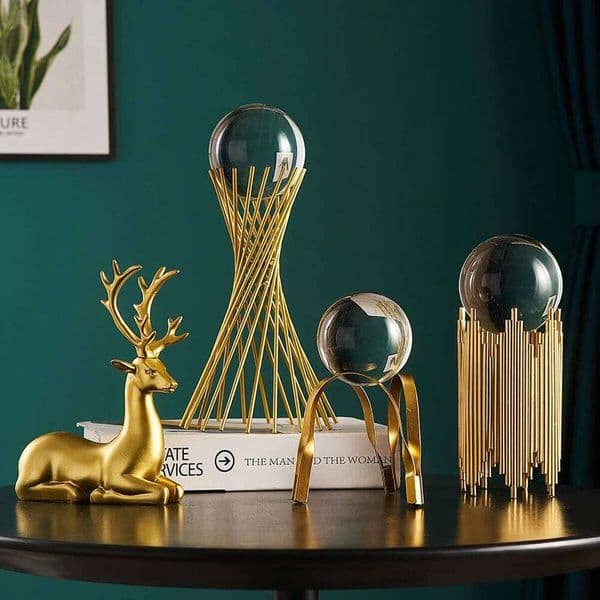 Modern Luxury Golden Metal Clear Crystal Ball Home Decor - Deer Figurine & Multi-Stand Ornament for Living Room Tabletop 26W05011