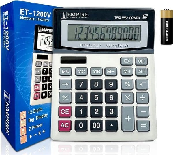 Large Display Desk Calculator with Solar Battery Power 12-Digit Tilted Screen for Students and Office Use 260511