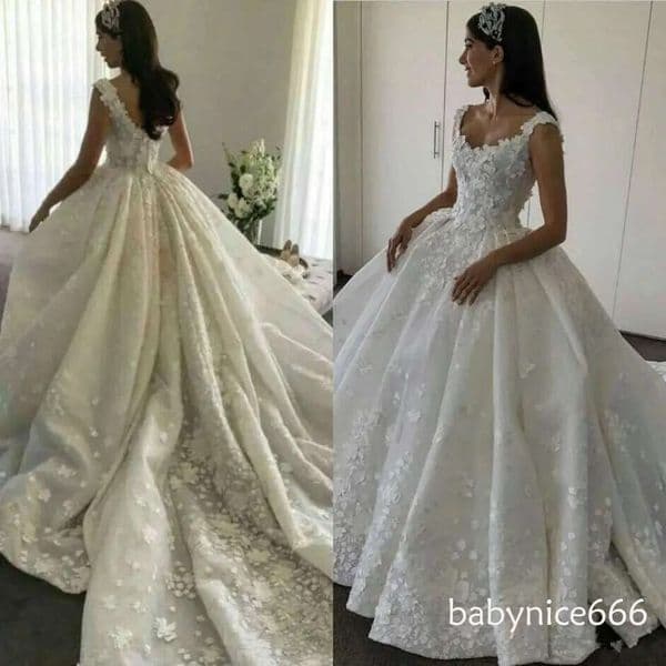 ral D Applique Ballgown Dresses Scoop Neck Straps Chapel Train Organza Wedding Bridal Gown Custom Made Vestido De Novia resses e