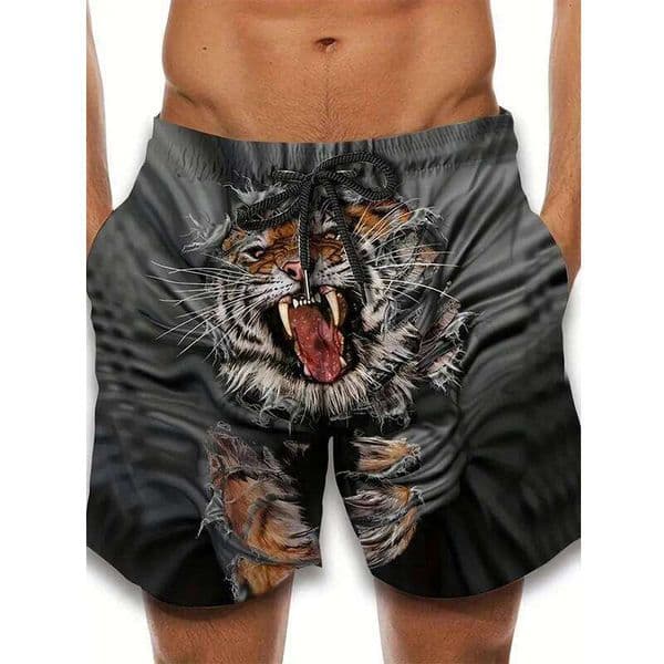 Summer men's casual shorts featuring a playful fierce tiger 3D print for outdoor travel, beach wear, breathable swimming pants