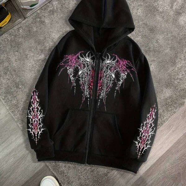 Men's Gothic Dark Print Hooded Sports Sweatshirt Zipper Jacket Autumn and Winter New Casual Retro Street Style Top 26W05011